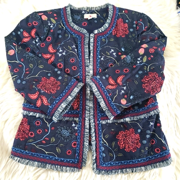 GUC LOFT Dark Navy Floral Strawberry Fringed Hem Open Cropped Boho Jack… - Picture 3 of 13